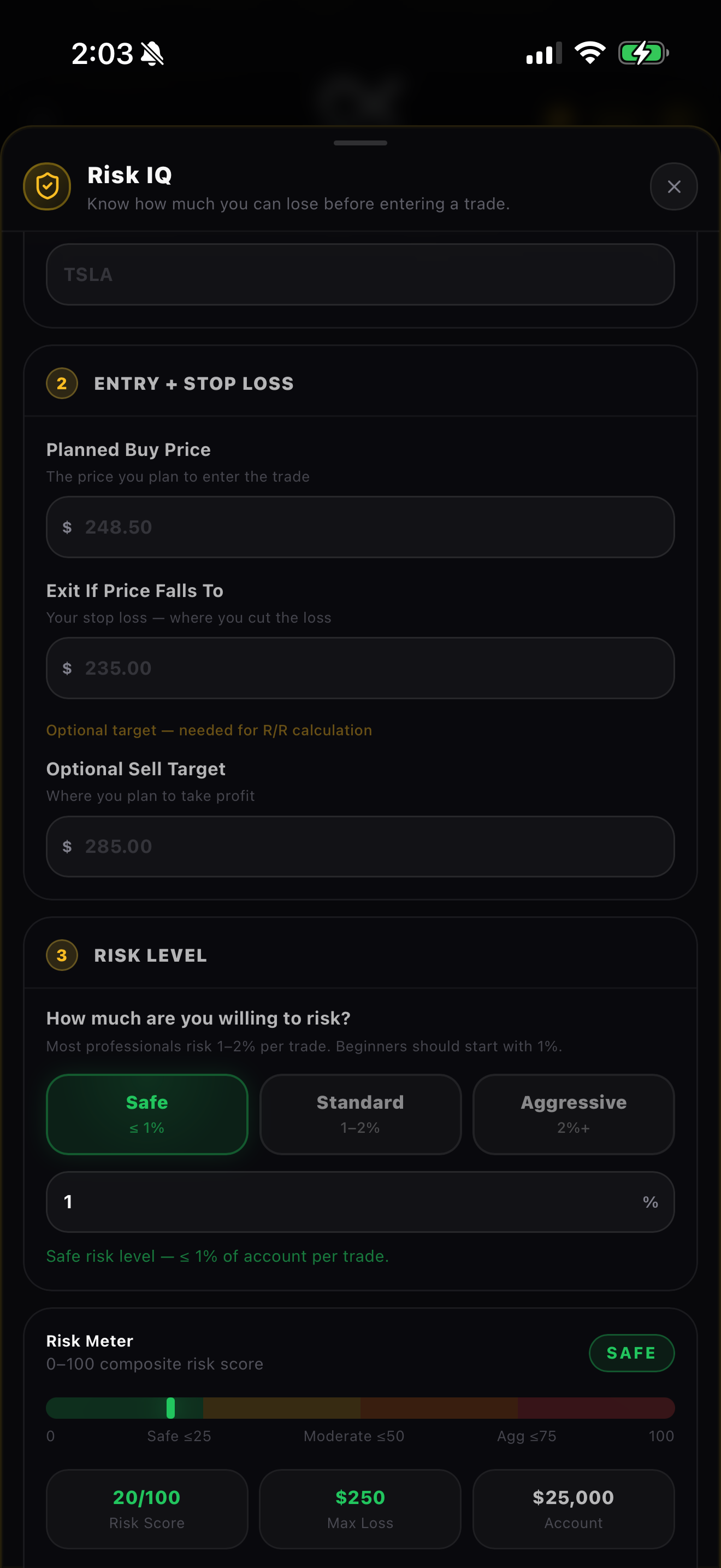 Omnyx Risk IQ — a position risk calculator with a 0–100 risk meter.