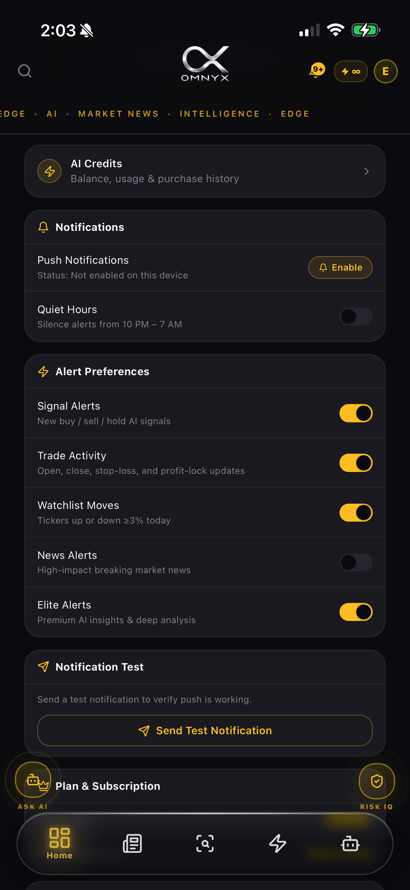 Omnyx settings — AI credits and alert preferences.