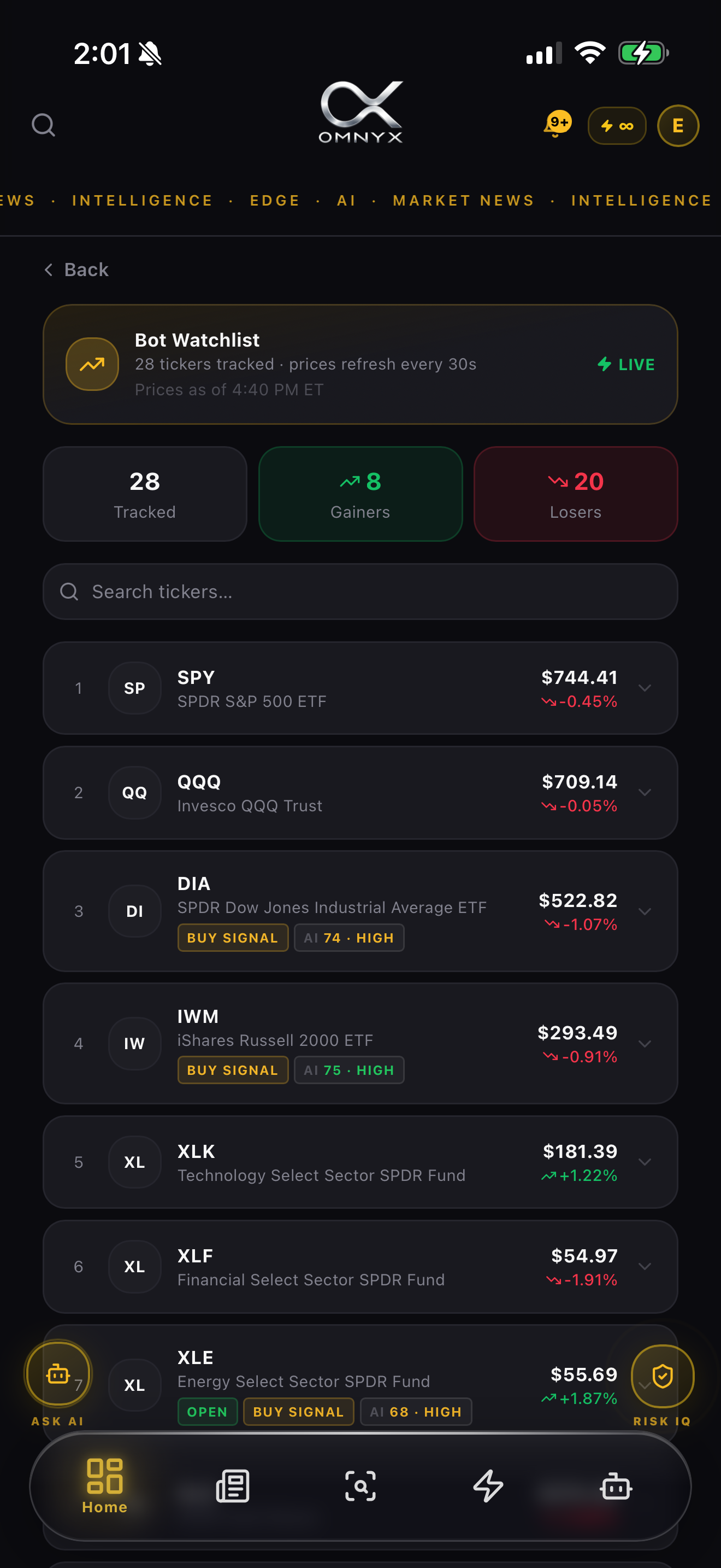 Omnyx Smart Watchlist — tracked tickers with current prices and AI context.
